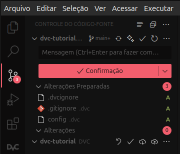 Lista de arquivos criados e modificados ao inicializar o DVC no repositório